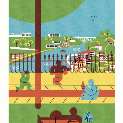 Ilustração de parque com pessoas em silhuetas coloridas, rio, cidade e texto 'MIRADOURO DO PASSEIO DAS VIRTUDES'.