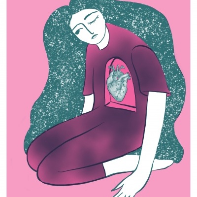 Ilustração de figura humana sentada com cabelo verde e roupa roxa sobre fundo rosa