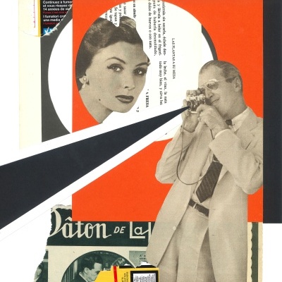 Colagem artística com homem de fato bege e mulher em círculo laranja com texto em fundo colorido