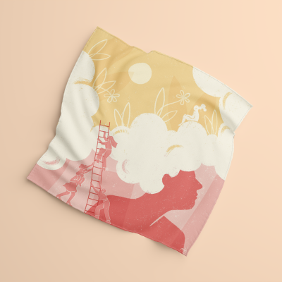 Pano com ilustração colorida de rosto e nuvens com figuras humanas pequenas