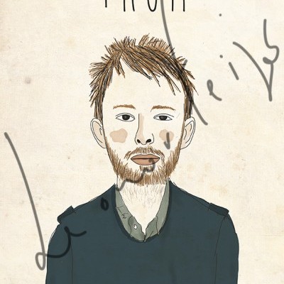 Ilustração digital de homem com cabelo castanho, barba e roupa escura sobre fundo bege com texto.