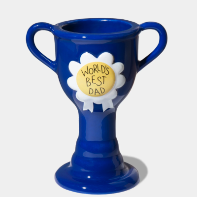 Troféu azul em cerâmica com texto WORLDS BEST DAD.