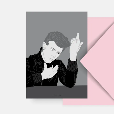 Ilustração de jovem com camisola preta e fundo cinza em papel com envelope rosa