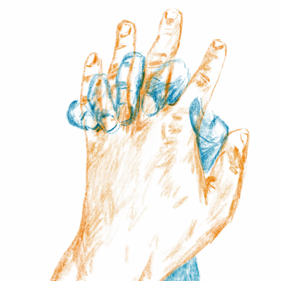 Desenho a lápis de duas mãos entrelaçadas sobre fundo branco