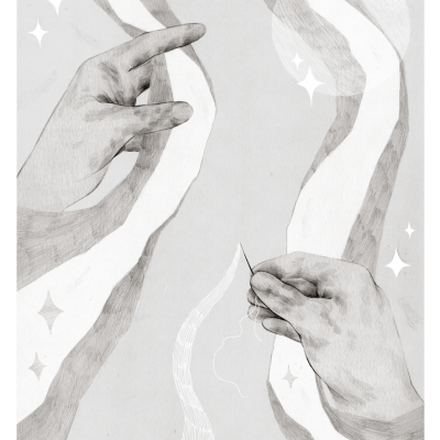 Ilustração em tons de cinza de duas mãos com agulha e fio