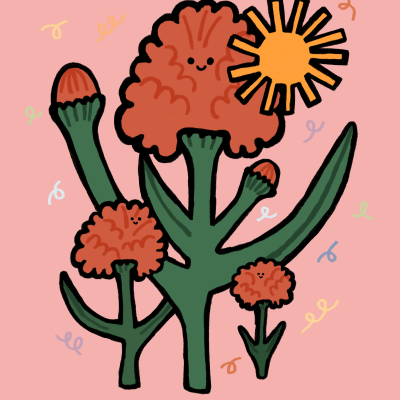 Ilustração com flores sorridentes e texto em português