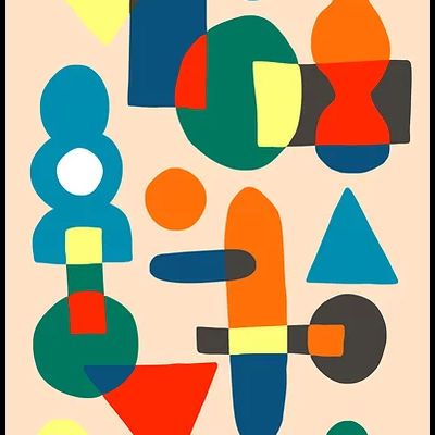 Desenho abstrato com formas geométricas coloridas sobre fundo bege