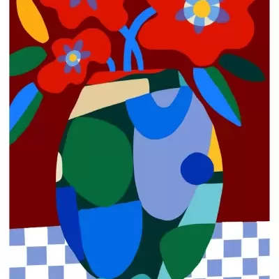Ilustração colorida de jarra abstrata com flores vermelhas num fundo vermelho
