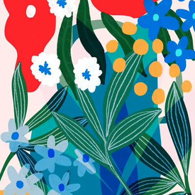 Ilustração de flores coloridas estilizadas com folhas verdes e formas geométricas azuis