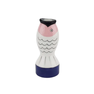 Figura decorativa em cerâmica em forma de peixe com cores rosa, preto, branco e azul