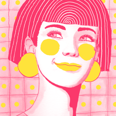 Desenho de mulher com cabelo rosa, brincos grandes amarelos e blusa rosa com bolinhas amarelas.