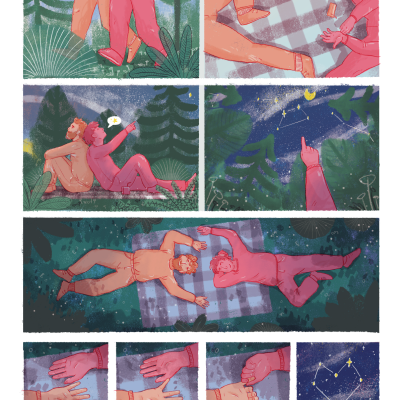 Ilustração de duas pessoas de roupa colorida num bosque à noite, observando estrelas