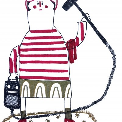 Ilustração de personagem com vestido às riscas vermelhas e brancas e faixa na cabeça segurando ferramentas em cima de esteira