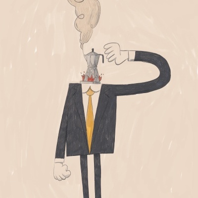 Desenho de figura humana com cafeteira moka na cabeça a libertar vapor em forma de rosto sorridente