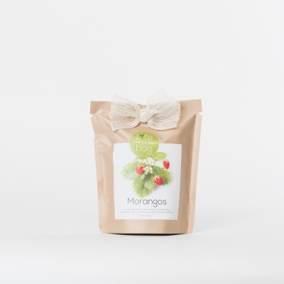 Pacote de papel castanho com etiqueta de morangos e laço branco