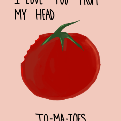 Ilustração de tomate vermelho com texto em fundo rosa