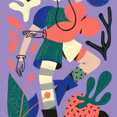 Ilustração abstrata colorida de figura humana e elementos naturais