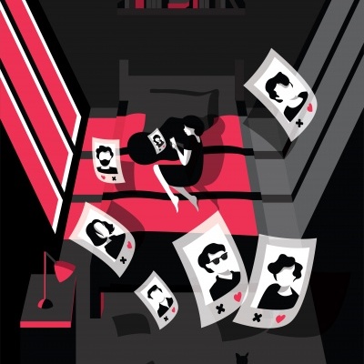 Ilustração de pessoa na cama com cartas e sombra de gato num quarto escuro