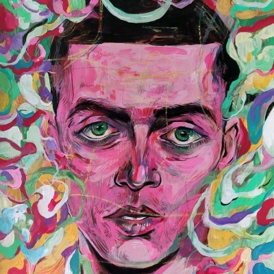 Pintura colorida abstrata de rosto masculino com olhos verdes e fundo colorido ondulado