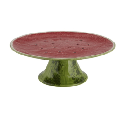 Prato de bolo cerâmico verde e vermelho com textura de melancia