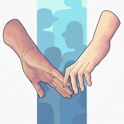 Duas mãos ilustradas a tocarem-se suavemente sobre fundo azul com silhuetas.