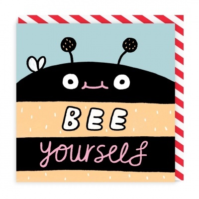 Cartão com ilustração de abelha e texto BEE yourself com borda riscada vermelho e branco