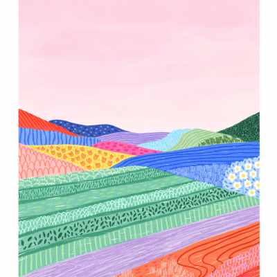 Ilustração colorida de paisagem com montanhas e campos em tons variados e céu rosa