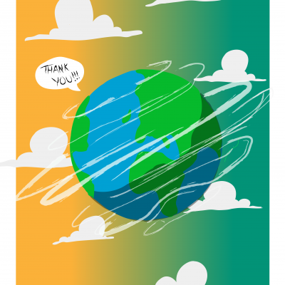 Ilustração do planeta Terra com texto 'THANK YOU!!!' em balão de fala e fundo gradiente