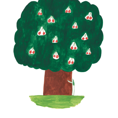 Desenho colorido de uma árvore com cerejas e texto 'TREES ARE FRIENDS'.