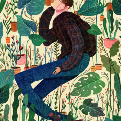 Ilustração de figura masculina vestindo camisa xadrez, jeans azuis, sapatos verde escuro, rodeado por plantas em vasos