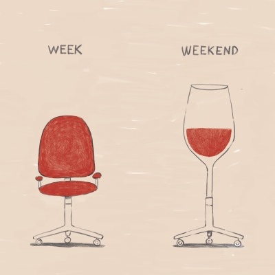 Desenho de cadeira de escritório vermelha e copo de vinho com base de cadeira, texto 'OFFICE CHAIR', 'WEEK' e 'WEEKEND'