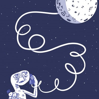 Ilustração de alienígena segurando telefone com cabo ligado à lua