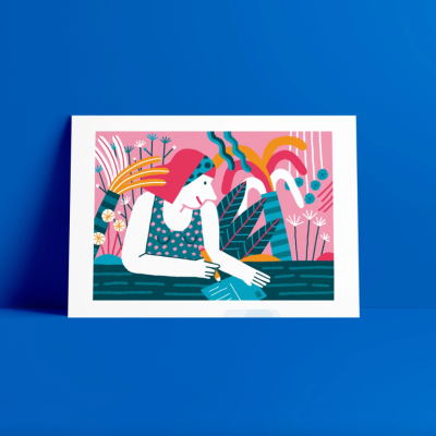 Cartão postal colorido com ilustração de pessoa a escrever e plantas.