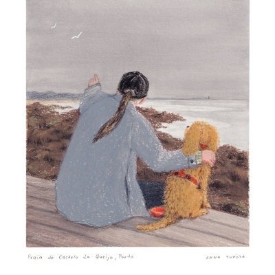 Ilustração de pessoa sentada com cão junto ao mar numa praia com aves ao fundo.