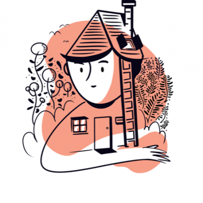 Ilustração estilizada de casa com rosto humano e vegetação ao fundo
