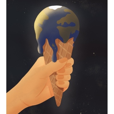 Mão segurando cone de gelado com bola do planeta Terra a derreter em fundo escuro com estrelas