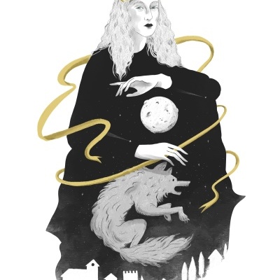 Ilustração de figura feminina com lua e lobo, faixa dourada e silhuetas de edifícios