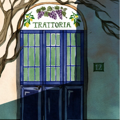 Porta azul de madeira e vidro com texto TRATTORIA e número 12 na parede