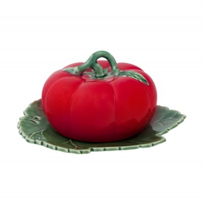 Prato decorativo em forma de tomate vermelho com base verde em forma de folha