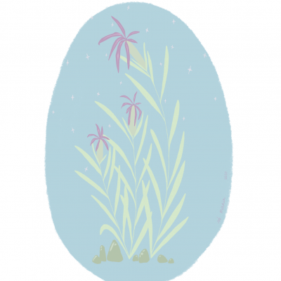 Ilustração digital de planta com flores cor de rosa em fundo azul