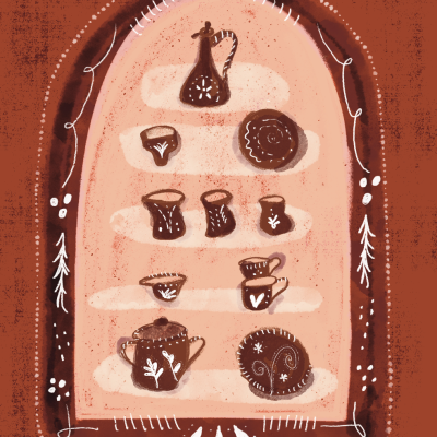 Conjunto de louça de cerâmica com jarra, xícaras e pratos decorados com padrões florais em moldura marrom