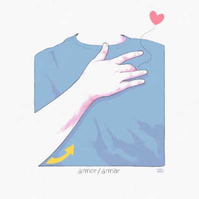 Ilustração de t-shirt azul com mão branca fazendo sinal de amor e texto amor/amar
