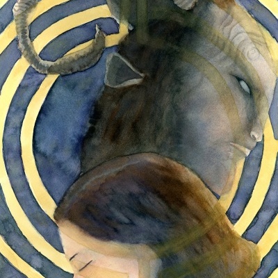 Ilustração de duas figuras humanas de perfil, uma com cabelo castanho e outra com chifres, com círculos amarelos e azuis ao fundo