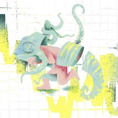 Estátua de camaleão colorido com padrão artístico