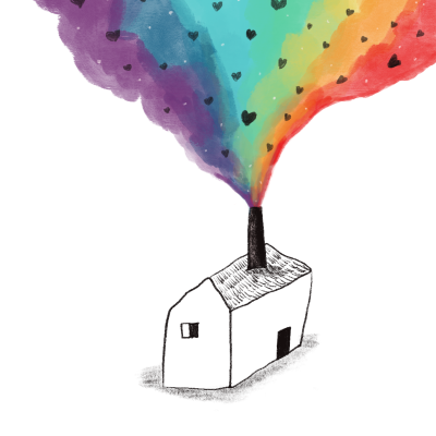 Ilustração de casa com chaminé emitindo nuvem colorida em arco-íris com corações pretos
