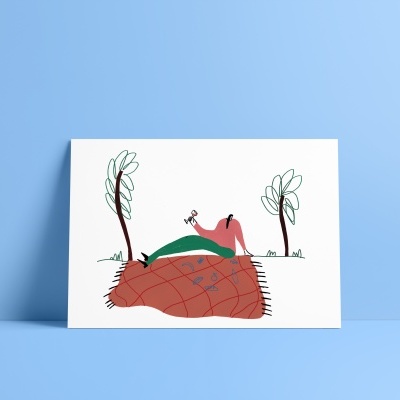 Cartaz com ilustração minimalista colorida em fundo azul