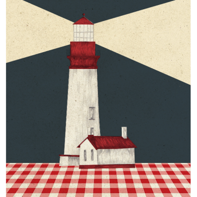 Ilustração de farol branco e vermelho com feixes de luz e chão xadrez vermelho e branco