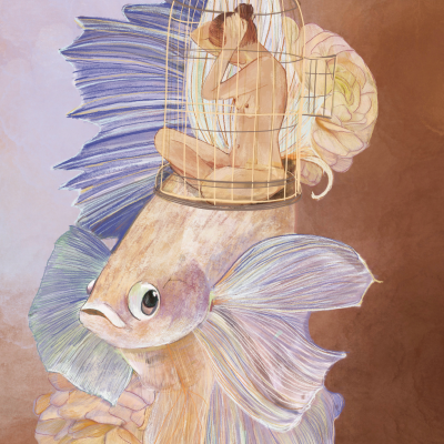 Peixe colorido com gaiola dourada contendo figura humana sentada, fundo com flores em tons pastel.