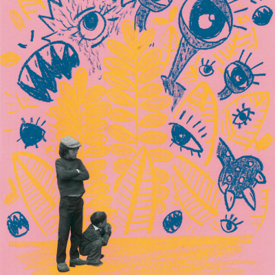 Arte colorida com folhas amarelas, olhos azuis desenhados e duas crianças em preto e branco em destaque