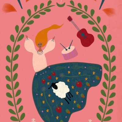 Ilustração colorida com mulher a dançar, instrumentos musicais e elementos naturais